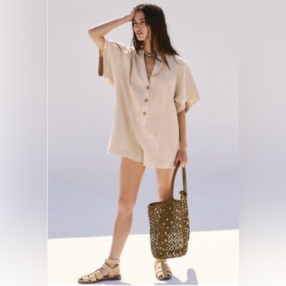 Free People Easton Button-Front Romper XS 100% Cotton Boho Beachy Oversized Fit